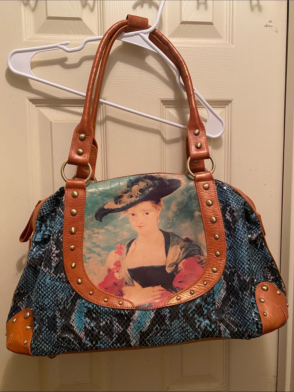 Sharif Blue Snake-Print Shoulder Bag with Portrait Panel and Tan Trim